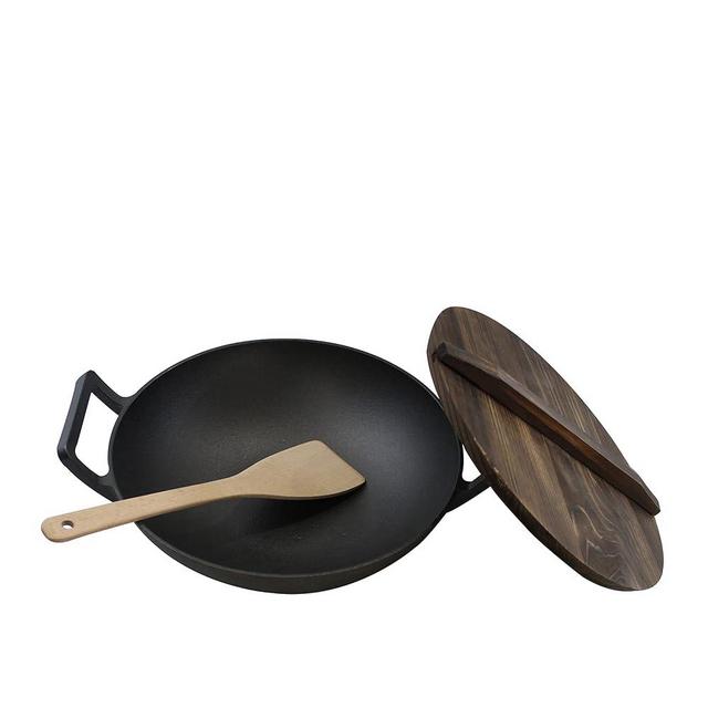 Home VSS Cast Iron， Pre-Seasoned Wok 14.5" with Wood Spatula and Lid