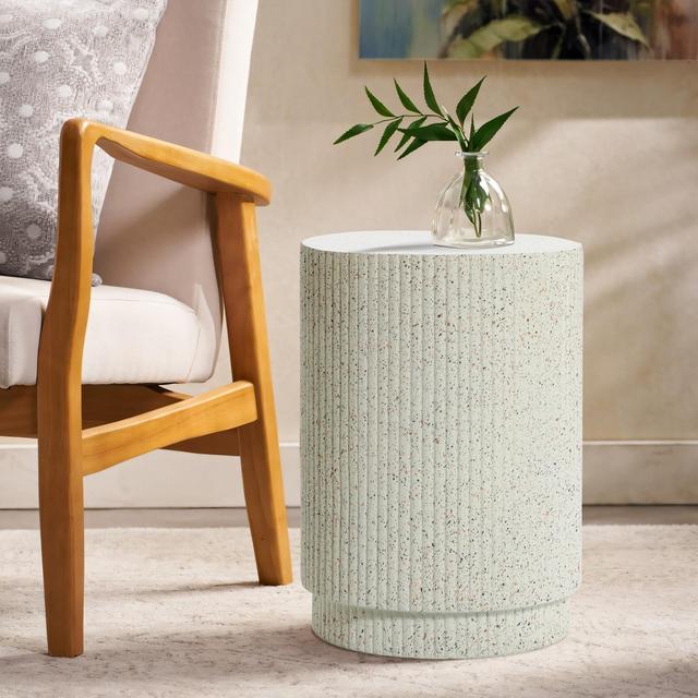 LuxenHome Ivory White Cement Round Outdoor Side Table