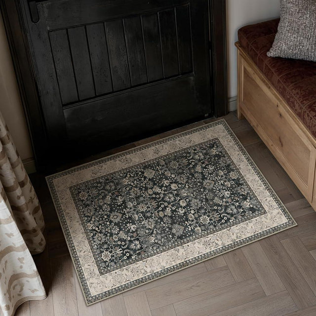 HUGEAR 2x3 Entryway Rug Machine Washable Area Rug Black Beige Small Rugs Door Mat Indoor Accent Carpet Floral Low Pile Distressed Throw Rugs Kitchen Office Non Slip