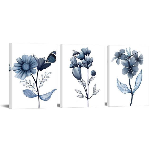 sechars Navy Blue Bathroom Wall Decor Blue Flower with Butterfly Picture Painting Modern Bedroom Bathroom Wall Art Framed Ready to Hang Each Panel 12x16 Inches