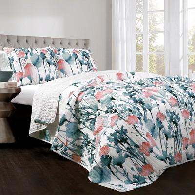 Blue & Coral Zuri Flora Quilt Set (Full/Queen) - Lush Decor