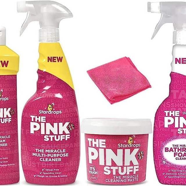 The Pink Stuff - The Miracle Cleaning Paste, Multi-Purpose Spray, Cream Cleaner, Bathroom Foam And 1 Microfiber Cloth Bundle