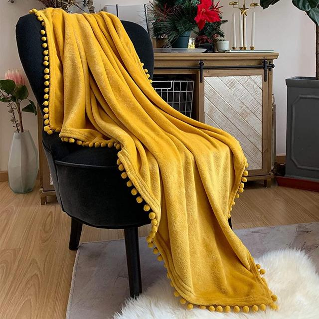 LOMAO Flannel Blanket with Pompom Fringe Lightweight Cozy Bed Blanket Soft Throw Blanket fit Couch Sofa Suitable for All Season (Mustard Yellow, 90''x90'')