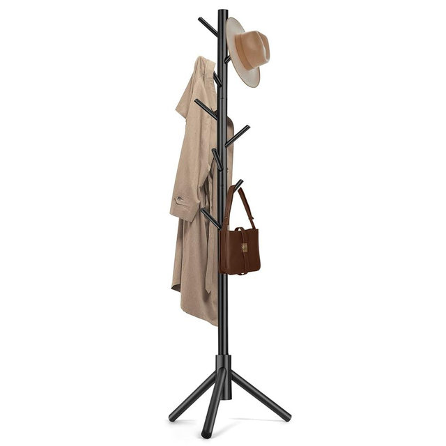 Freyawin Solid Wooden Coat Rack Freestanding, New Zealand Pine Coat Tree with 8 Hooks & 3 Adjustable Sizes for Coats, Hats, Handbags and Scarves, Space Saving for Entryway/Office/Bedroom (Black)
