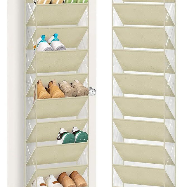 AOODA 10 Tier Clear Over the Door Shoe Organizer Storage, Deep Pockets Large Hanging Shoe Rack for Closet Door, Fit 20 Pairs Shoe Holder Hanger for Sneakers, Boots (Deep beige)