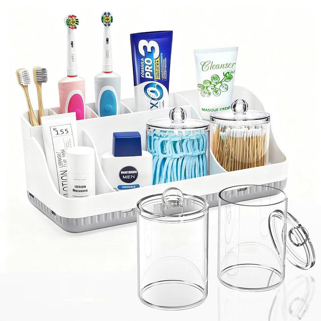 Bathroom Counter Organizer and Storage with 2 Pack Qtip Holder Dispenser, 7 Slots Detachable Toothbrush Holders for Bathrooms, Anti-Slip Electric Toothbrush and Toothpaste Holder Countertop