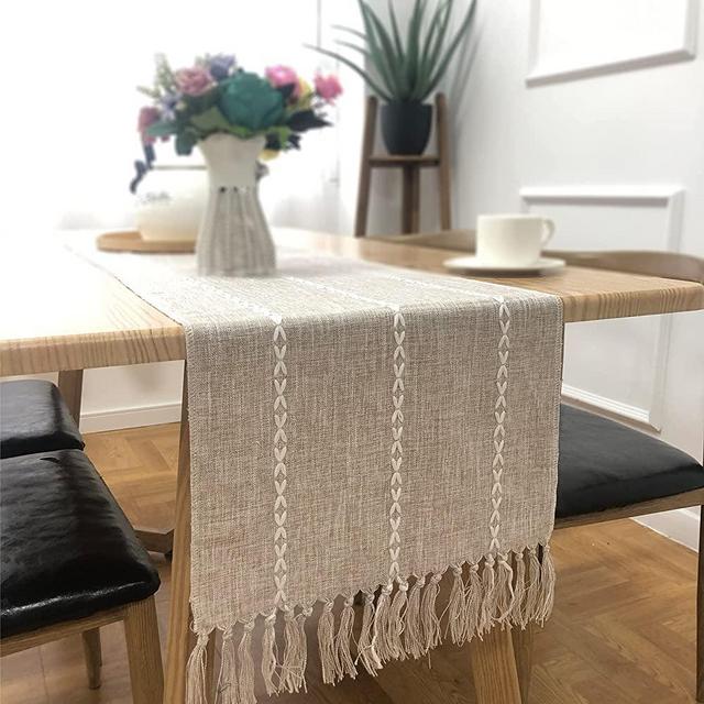 FLPYARD Braided Farmhouse Table Runner Vintage Woven Table Runner Cotton Linen Table Decorations with Tassel for Dining Party Holiday 13 x 70 Inches