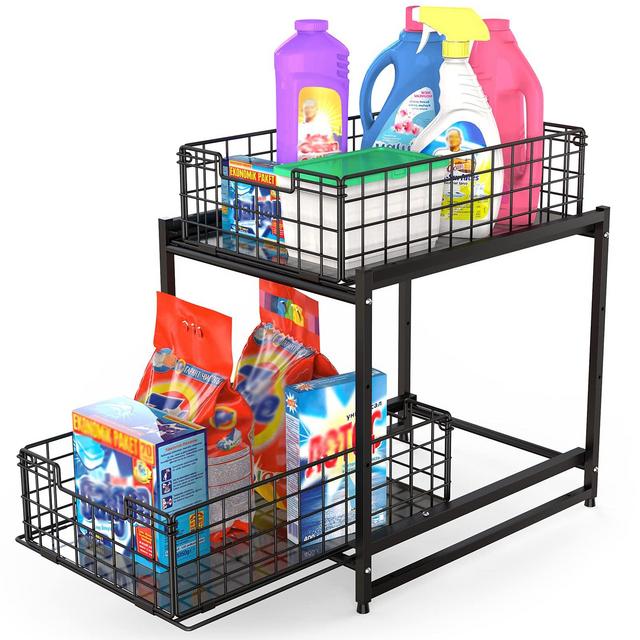 FavoThings Under Sink Cabinet Organizer 2-Tier Stackable Storage Shelf with Sliding Baskets Drawers for Kitchen, Bathroom, Office, Black
