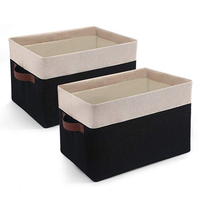 2 Pack Baskets for Organizing - Linen Fabric Storage Basket Collapsible Storage Bins with Steel Frame PU Leather Handles for Home Office Closet Organizer (Beige+Black, 2)