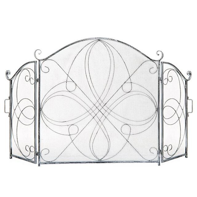 Best Choice Products 3-Panel 55x33in Solid Wrought Iron See-Through Metal Fireplace Screen, Spark Guard Safety Protector w/Decorative Scroll - Pewter