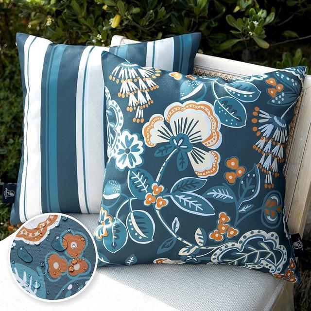 Phantoscope Pack of 2 Outdoor Indoor Throw Decorative Pillow Cover Floral Striped Waterproof Patio Pillows Cushion Case for Couch Tent Park, Dark Blue 18 x 18 Inches