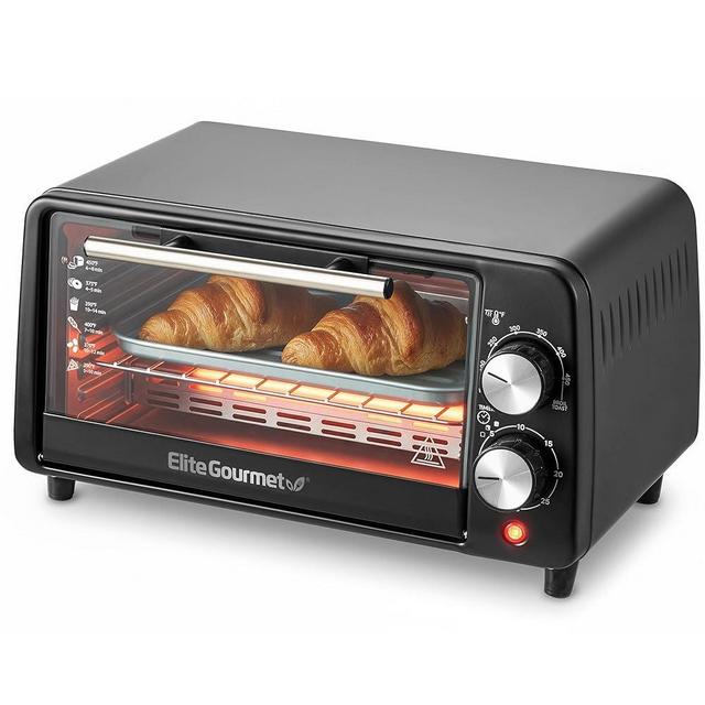 Elite Gourmet ETO449 9L / 4-Slice Countertop Toaster Oven, Compact Design, 30-Min Timer, Adjustable Temp up to 450°F, 800W Quartz Heating, Drop-Down Crumb Tray, Bake, Broil, Toast, Black