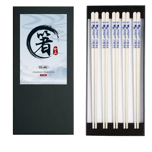 Porcelain Chopsticks Set of 5 Pairs, Reusable Bone Ceramic Chopsticks, Dishwasher Safe, Non-Slip Design, Elegant Gift Box for Family or Restaurant Use (Camellia)