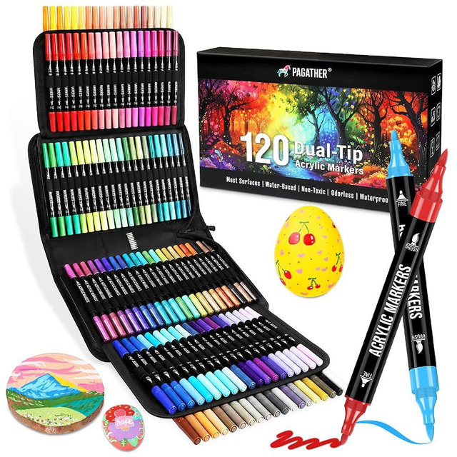 120 Colors Acrylic Paint Markers, Dual Tip Fine and Brush Tips Pens Contain 24 Metallic Color for Stone, Wood, Calligraphy, Canvas, Ceramic, Metal, Glass, Rock Painting, DIY Crafts Art Supplies Kit