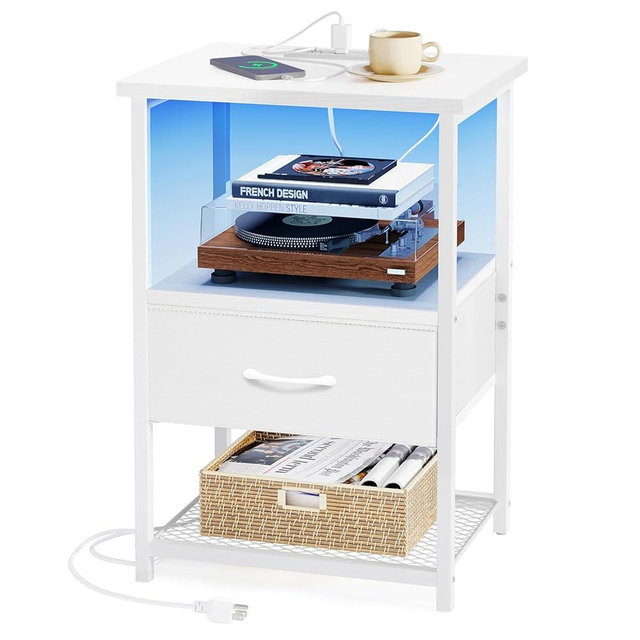 Fixwal Night Stand with Charging Station, LED Nightstand with Fabric Drawers, End Table with PU Finish, Bed Side Table, White