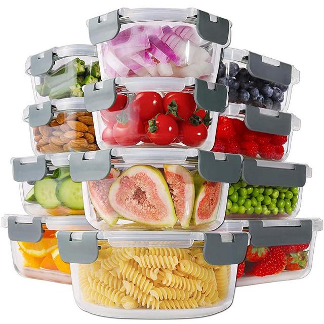 Bayco 24 Piece Glass Food Storage Containers with Lids, Glass Meal Prep Containers, Airtight Glass Lunch Bento Boxes, BPA Free & Leak Proof (12 lids & 12 Containers) - Grey