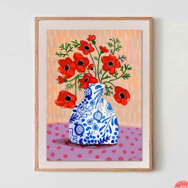 Kalanit Flower Art Print Hand Drawn Israeli Wildflower Wall Decor Jewish Home Gift Poster Am Yisrael Chai Israeli Artist Illustration