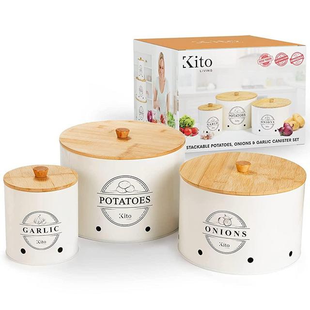 Kito Living Canister Sets For Kitchen Counter, 3 Piece Garlic Potato Onion Keeper Kitchen Canisters for Pantry Organization and Storage with Wooden Bamboo Lids and Aerating Holes, Stackable Design