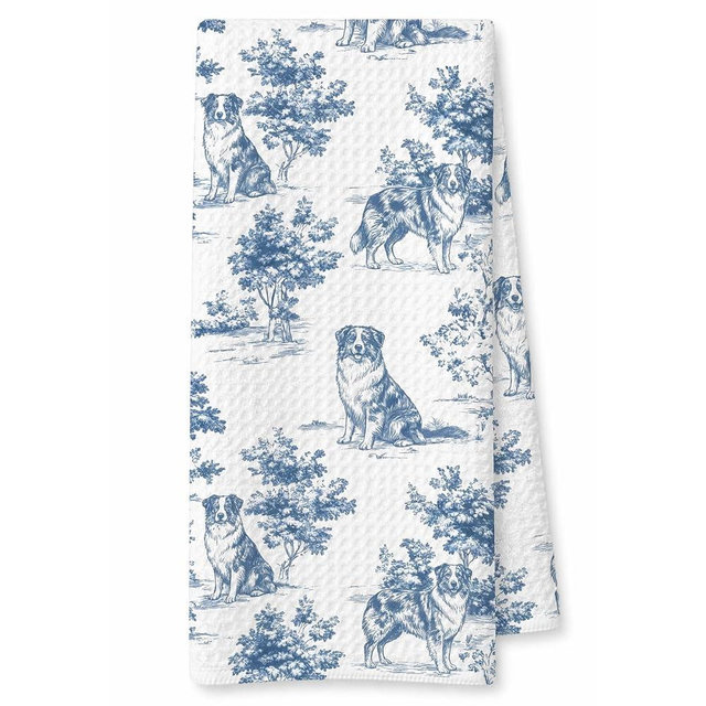 XYMHQ Blue and White Chinoiserie Australian Shepherd Gift Hand Towels for Bathroom Kitchen, Australian Shepherd Gifts for Women, Vintage Toile de Jouy Dog Kitchen Dish Tea Towels, 16x24 Inch