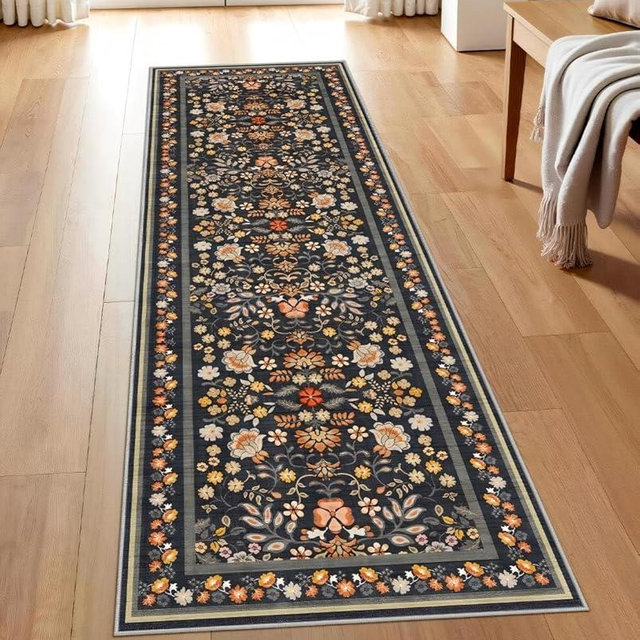 UERMEI Runner Rug for Hallways Kitchen: 2x6 Washable Area Rug Boho Floral Soft Long Rug - Non-Slip Low Pile Throw Indoor Carpet for Entryway Kitchen Bedroom Laundry Bathroom - Black Grey