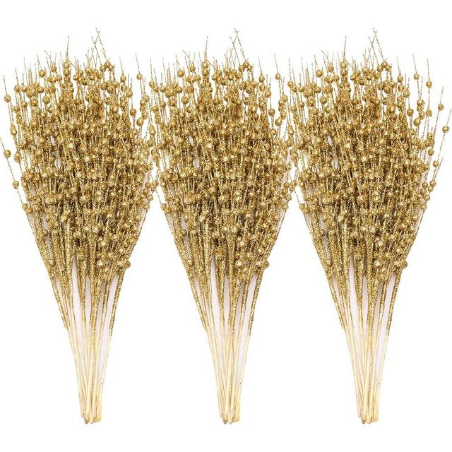 Joiedomi 24 Pcs Christmas Tree Berry Stem (Gold), Decorative Bead Sticks, Glittery Twigs, Picks, Branches for Christmas Tree, Small Vase, Holiday, Wedding, Party (17 Inches, Gold)
