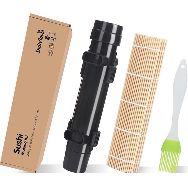 SmileTools Sushi Making Kit, Sushi Roller, Sushi Bazooka, Sushi Maker, Bamboo Sushi Rolling Mat For Beginners (Black)