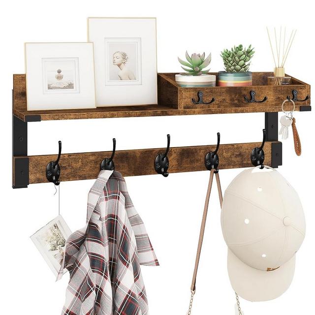 Homode Coat Rack with Shelf, Wall Shelf with Hooks, 26 Inch Long Coat Hanger Wall Mount with Key and Mail Holder, Wood Entryway Shelf for Hanging Hat Jacket Backpack Purse, Rustic Brown Black
