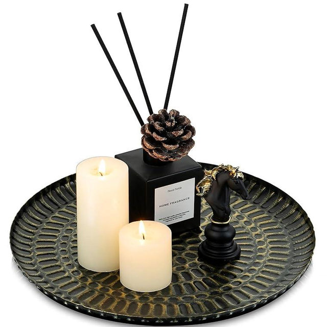 Romadedi Round Decorative Candle Tray - 11.8 Inch Vintage Hammered Metal Trays with Distressed Black Gold Finish Circle Candle Plate for Coffee Table Kitchen Counter Organizer Home Decor