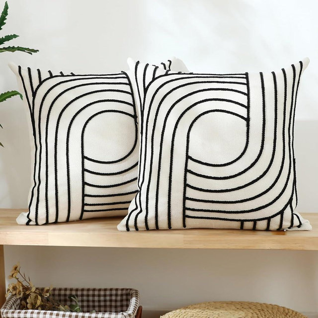 sykting Black and White Pillow Covers 18x18 Textured Raised Striped Embroidery Modern Neutral Black Throw Pillows for Couch Sofa Bed Living Room Outdoor Set of 2
