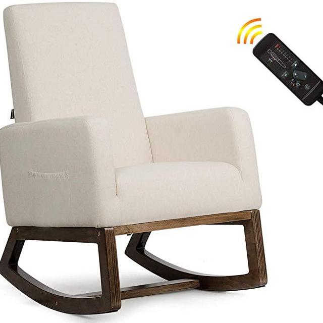 Giantex Rocking Chair Upholstered Living Room Chair with Back Massage Function, Padded Seat, Wood Base, Rocking Chair for Nursery (Beige)