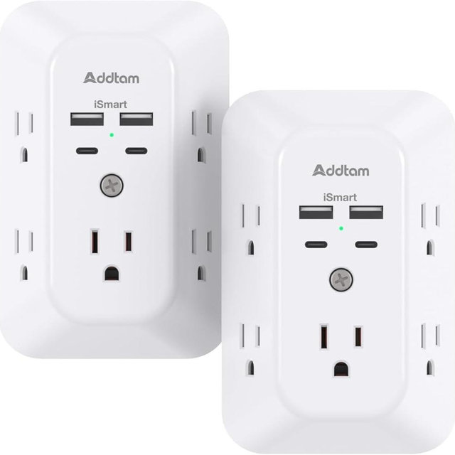 2 Pack Surge Protector Outlet Extender - Addtam 5-Outlet Splitter with 4 USB Wall Charger(2 USB-C Ports), Multi Plug Outlet Power Strip for Home, Dorm Room Essentials