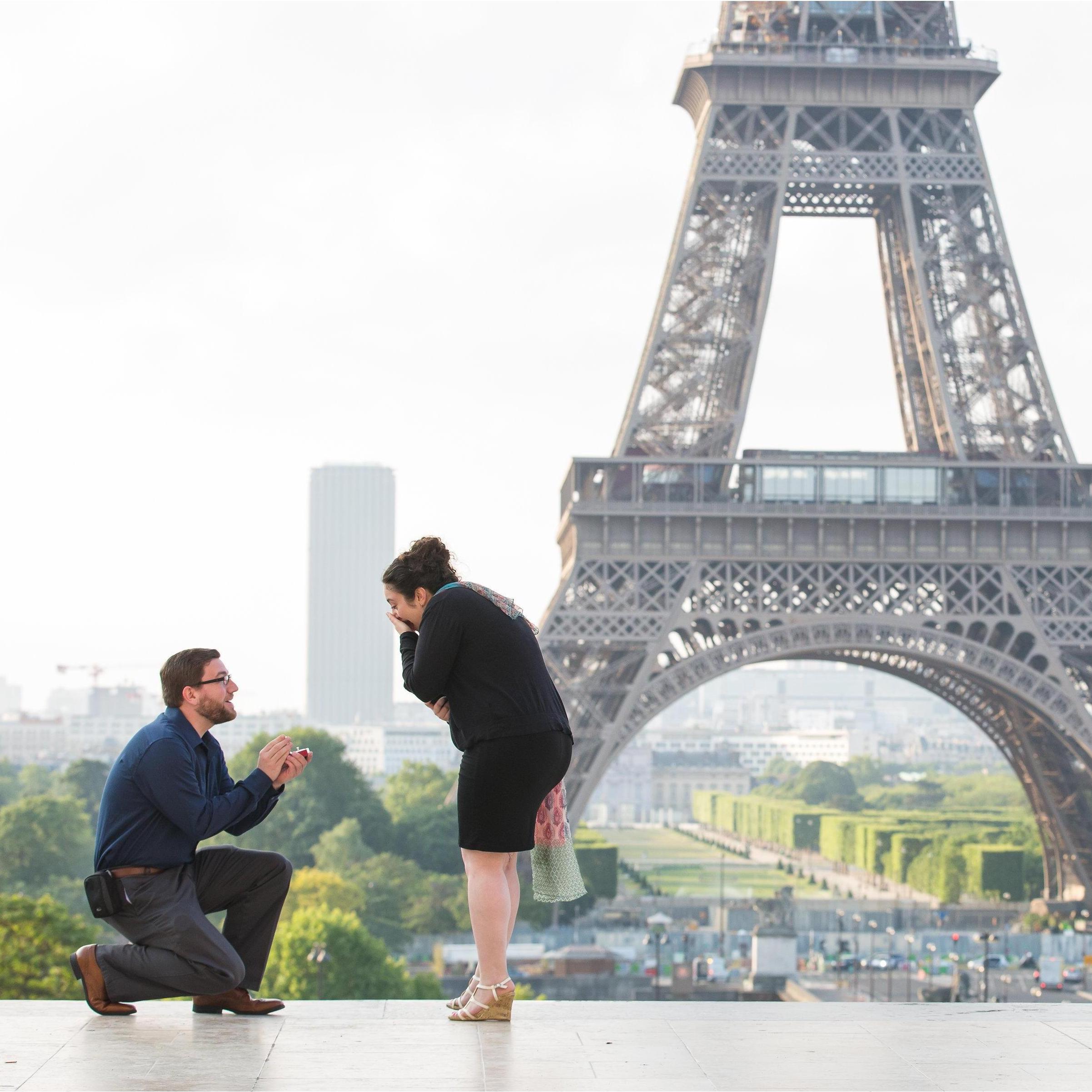 On vacation in Paris, Stefan took Christina completely by surprise one morning with a proposal photo shoot in Trocadéro Square.