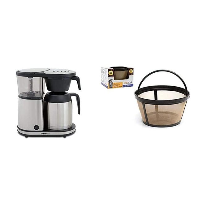 Bonavita Connoisseur 8-Cup One-Touch Coffee Maker Featuring Hanging Filter Basket and Thermal Carafe, BV1901TS & GOLDTONE Reusable 8-12 Cup Basket Coffee Filter fits Mr. Coffee Makers and Brewers