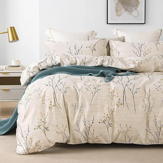 Homebox Cotton Duvet Cover Set - 100% Egyptian Cotton Cream Branch Print Bedding Set Queen Size - 1200 Thread Count Breathable and Textured Duvet Cover Set for All Seasons(Queen, 90x90'')