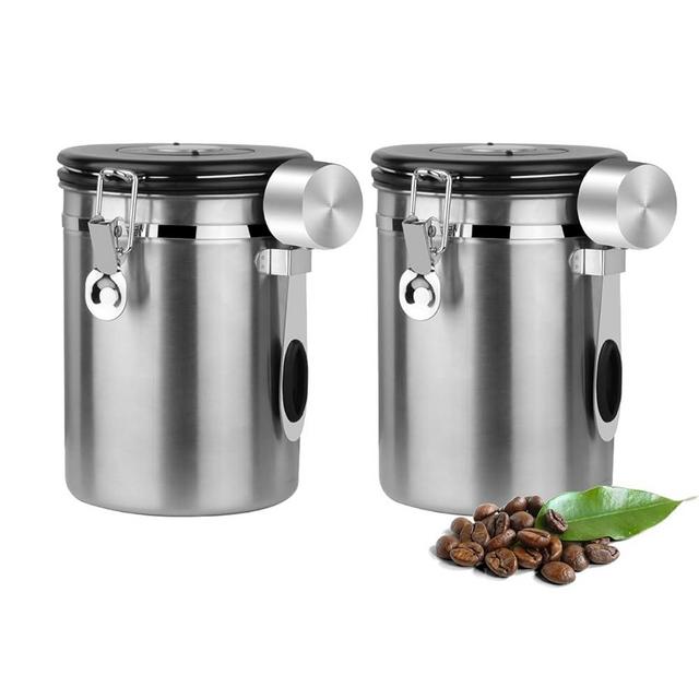 Coffee Canister Airtight Storage Container Stainless Steel Air Tight Coffee Jar with Scoop, Date Tracker CO2 Release Valve for Dry Food, Beans, Ground, Tea, Flour, Cereal and Sugar (1.8L-Silver-2pcs)