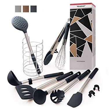 REMIHOF Silicone Kitchen Utensil 9pc Set of of Nonstick Silicone and Sturdy Stainless Steel - Spatula Turner Ladle Pasta Server Whisk Tongs Holder - Best Culinary Gift Set (9pcs, DarkGrey)