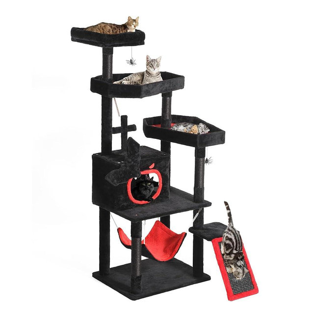 YITAHOME Gothic Cat Tree with Coffin Bed, 63" Tall Cat Tower for Indoor Cats with Top Perch, Spacious Cat Condos, Spider Hanging Balls,Comfy Hammock, Scratching Post and Ladder, Black Halloween