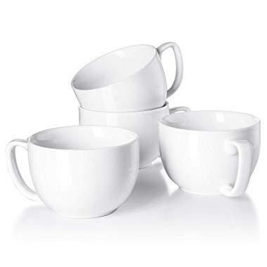 Teocera Porcelain Jumbo Mugs with Handle - 16 oz for Cappuccino, Coffee, Latte, Soup, Cereal, White - Set of 4