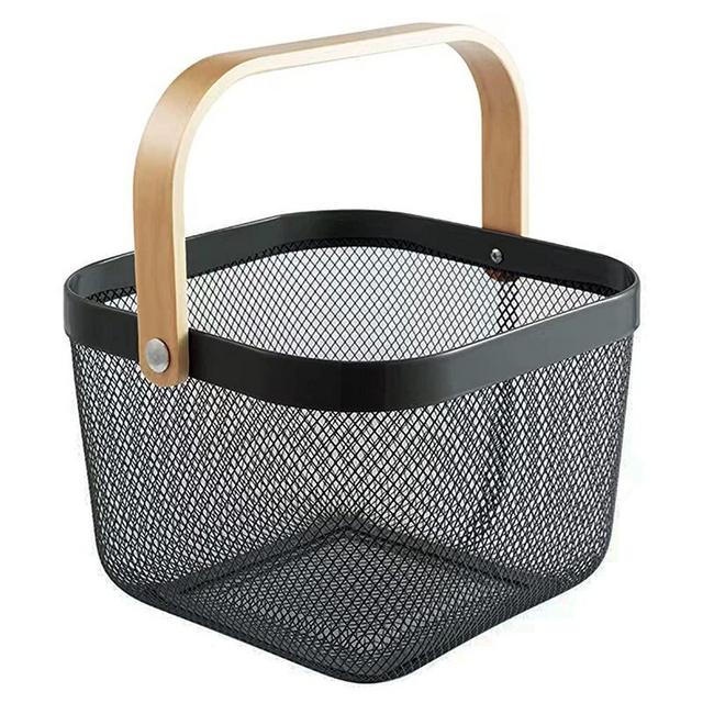 AJIODA Metal Mesh Steel Basket, Storage Organizer Basket Multi-functional Hanging Kitchen Baskets Fruit Basket Bin with Bamboo Handle for Kitchen Bathroom Picnic Shopping Decor Cabinet Home, Black