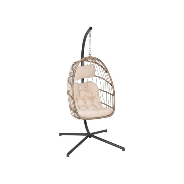 MERRICK LANE Riley Foldable Woven Hanging Egg Chair With Removable Cushion And Stand For Indoor And Outdoor Use