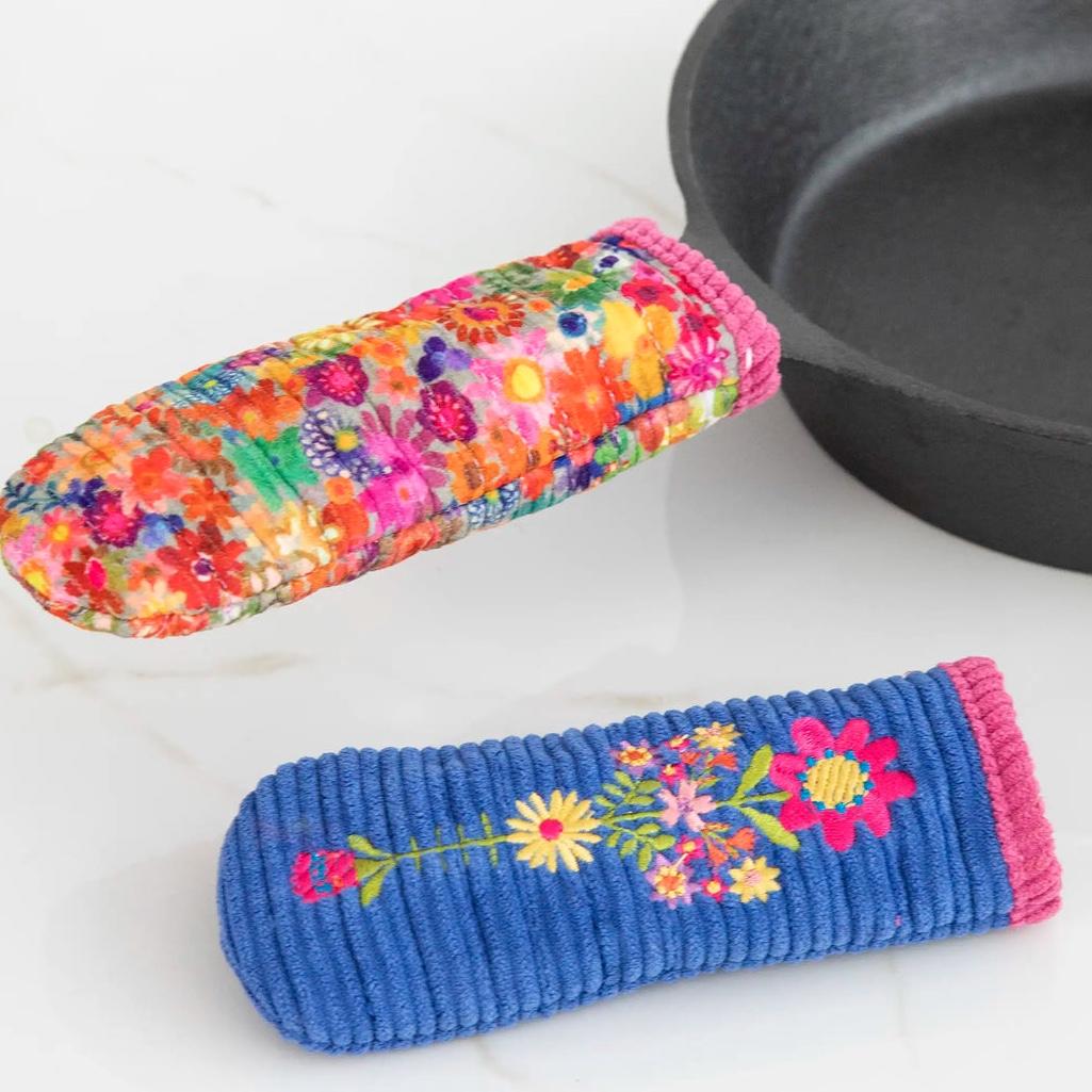 Skillet Handle Holders, Set of 2 - Blue Folk Flower Patchwork