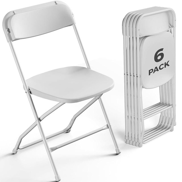 FurniEdge 6 Pack White Plastic Folding Chairs, Outdoor Portable Folding Chair with Steel Frame, 350lbs Capacity Stackable Foldable Chairs for Patio, Garden, Picnic, Kitchen, Events