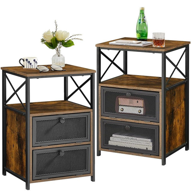 VECELO End Tables Set of 2 with Storage Space,Flip Door Night Stand for Living Room,Bedroom,Small Space,Rustic Brown