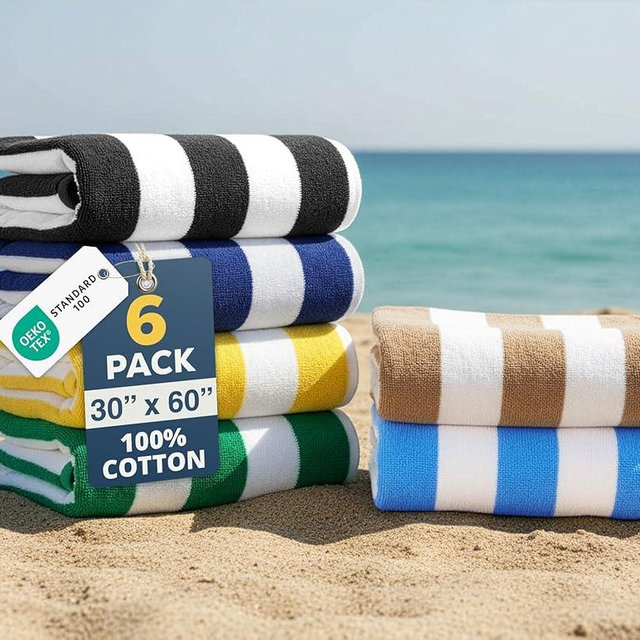 LANE LINEN Beach Towels 6 Pack - 520 GSM 100% Cotton Pool Towel for Adults – (30" x 60") Beach Towel Oversized, Thick & Highly Absorbent - Soft, Comfy & Quick Dry Cabana Stripe Large Towel - Coastline