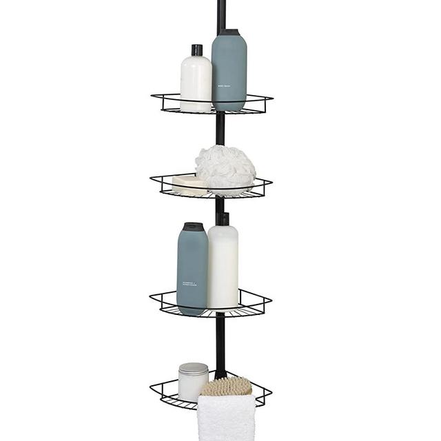 Zenna Home Tension Pole Shower Caddy, 4 Tiers, with Towel Bars, 60" to 97", Matte Black