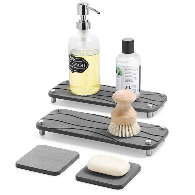 Shinowa 4PCS Quick Dry Diatomite Sink Trays, Drying Stone for Kitchen Counter, Water Absorbing Stone Tray for Sink, Sponge and Soap Holders, Instant Dry Counter Organizers