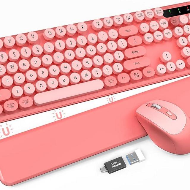 Wireless Keyboard and Mouse - Cute Typewriter Keyboard with Detachable Wrist Rest, Retro Round Keycaps, Foldable Legs, 2.4GHz Full-Size Keyboard Combo for PC, Laptop, Windows - Trueque (Colorful-Pink)