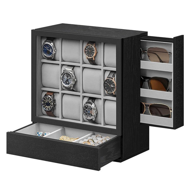 SONGMICS 12-Slot Wooden Watch Box, Watch Display Case with Window, Watch Display Cabinet with Solid Wood Veneer, Velvet Lining, Vertical Storage, Space Saving, Gift Idea, Ebony Black UJOW014B01