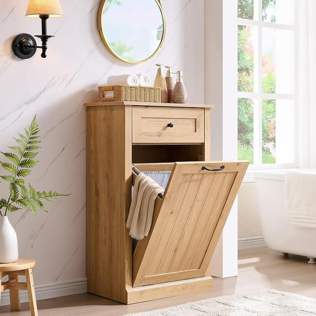 IFBUY Tilt Out Laundry Hamper Cabinet, 10 Gallon Farmhouse Trash Can Cabinet with Drawer, Hidden Wood Garbage Can Bin Cabinets with Laundry Storage Basket for Bathroom, Kitchen, Natural