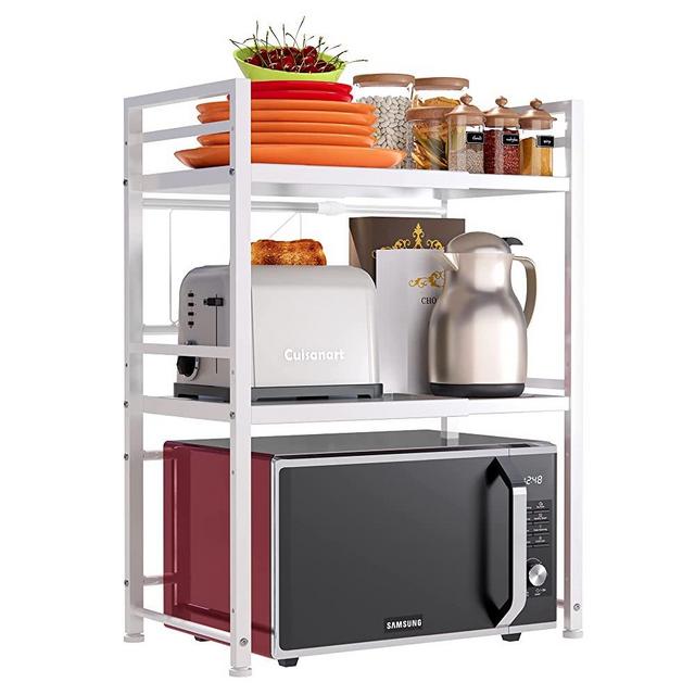 DOLALIKE Microwave Oven Rack, Expandable Microwave Stand Countertop Kitchen Utensils Tableware Storage, Carbon Steel Over Microwave Shelf Countertop 3 Tier with 3 Hooks